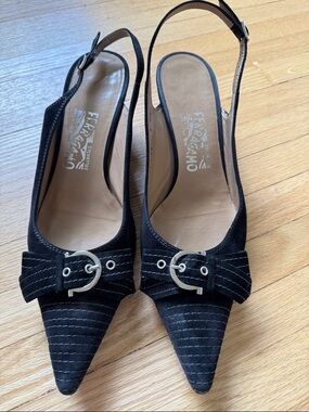 Salvatore Ferragamo Black Pointed-Toe Slingback Heels with Buckle